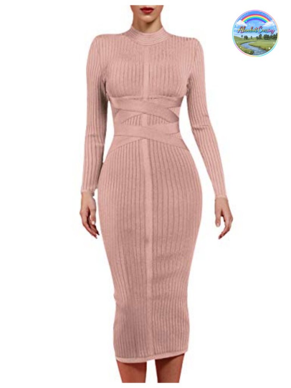 Women's Cross Strap Ribbed Bandage Long Sleeve Midi Bodycon Party Dress